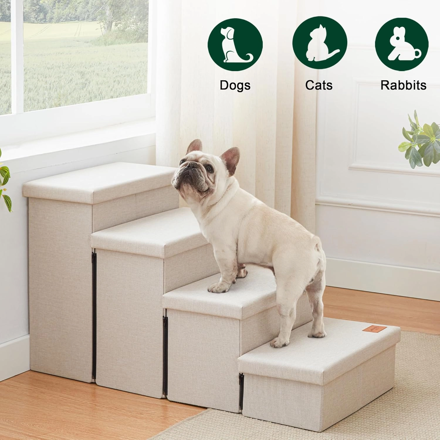 Love's cabin Dog Stairs for Small Medium or Large Dogs with Storage and Adjustable Steps, Foldable Pet Steps for Bed or Couch, 4-Step Beige Folding Cat Ramp with Zip up to 200 lbs,Beige
