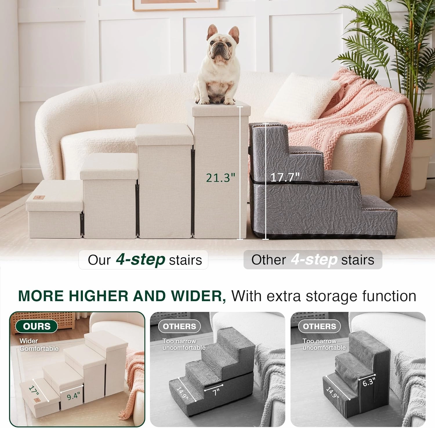 Love's cabin Dog Stairs for Small Medium or Large Dogs with Storage and Adjustable Steps, Foldable Pet Steps for Bed or Couch, 4-Step Beige Folding Cat Ramp with Zip up to 200 lbs,Beige