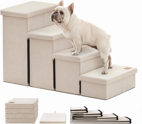 Love's cabin Dog Stairs for Small Medium or Large Dogs with Storage and Adjustable Steps, Foldable Pet Steps for Bed or Couch, 4-Step Beige Folding Cat Ramp with Zip up to 200 lbs,Beige