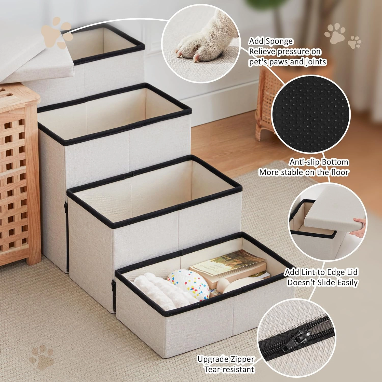 Love's cabin Dog Stairs for Small Medium or Large Dogs with Storage and Adjustable Steps, Foldable Pet Steps for Bed or Couch, 4-Step Beige Folding Cat Ramp with Zip up to 200 lbs,Beige