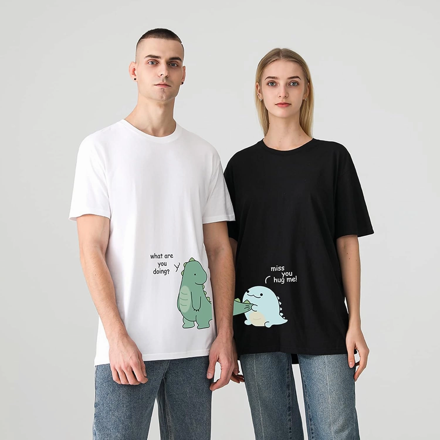 Lovely Dinosaur Matching Tee for Couple - Husband & Wife, Pure Cotton, Ideal for Lovers