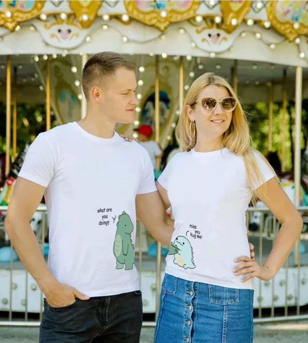 Lovely Dinosaur Matching Tee for Couple - Husband & Wife, Pure Cotton, Ideal for Lovers
