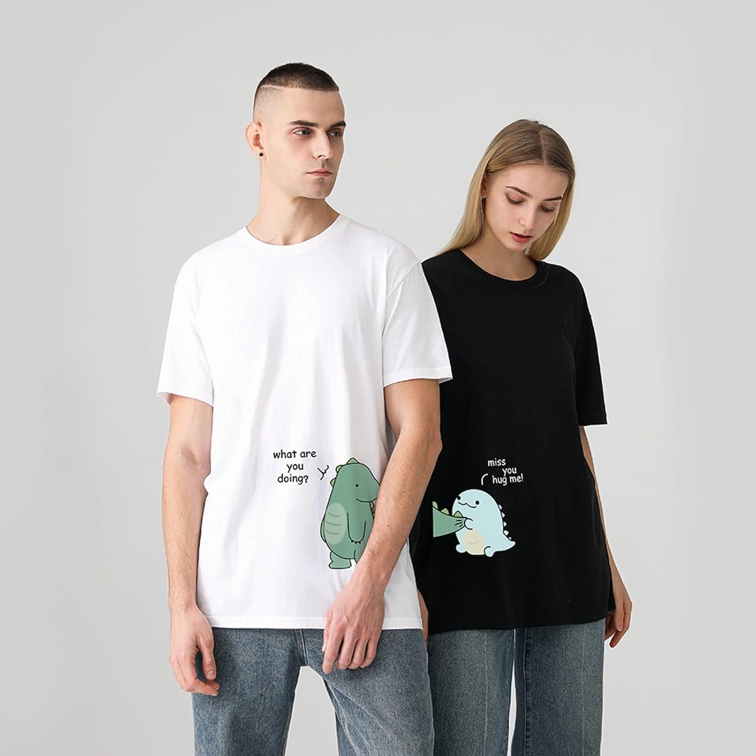 Lovely Dinosaur Matching Tee for Couple - Husband & Wife, Pure Cotton, Ideal for Lovers
