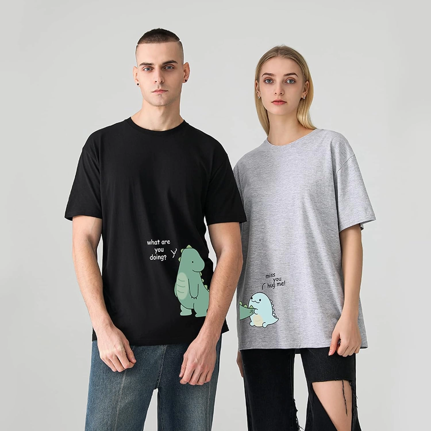 Lovely Dinosaur Matching Tee for Couple - Husband & Wife, Pure Cotton, Ideal for Lovers