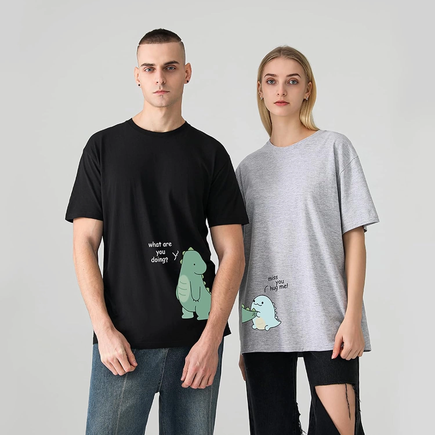 Lovely Dinosaur Matching Tee for Couple - Husband & Wife, Pure Cotton, Ideal for Lovers