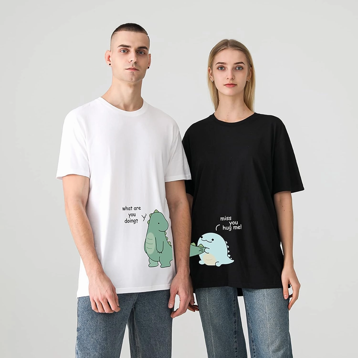 Lovely Dinosaur Matching Tee for Couple - Husband & Wife, Pure Cotton, Ideal for Lovers