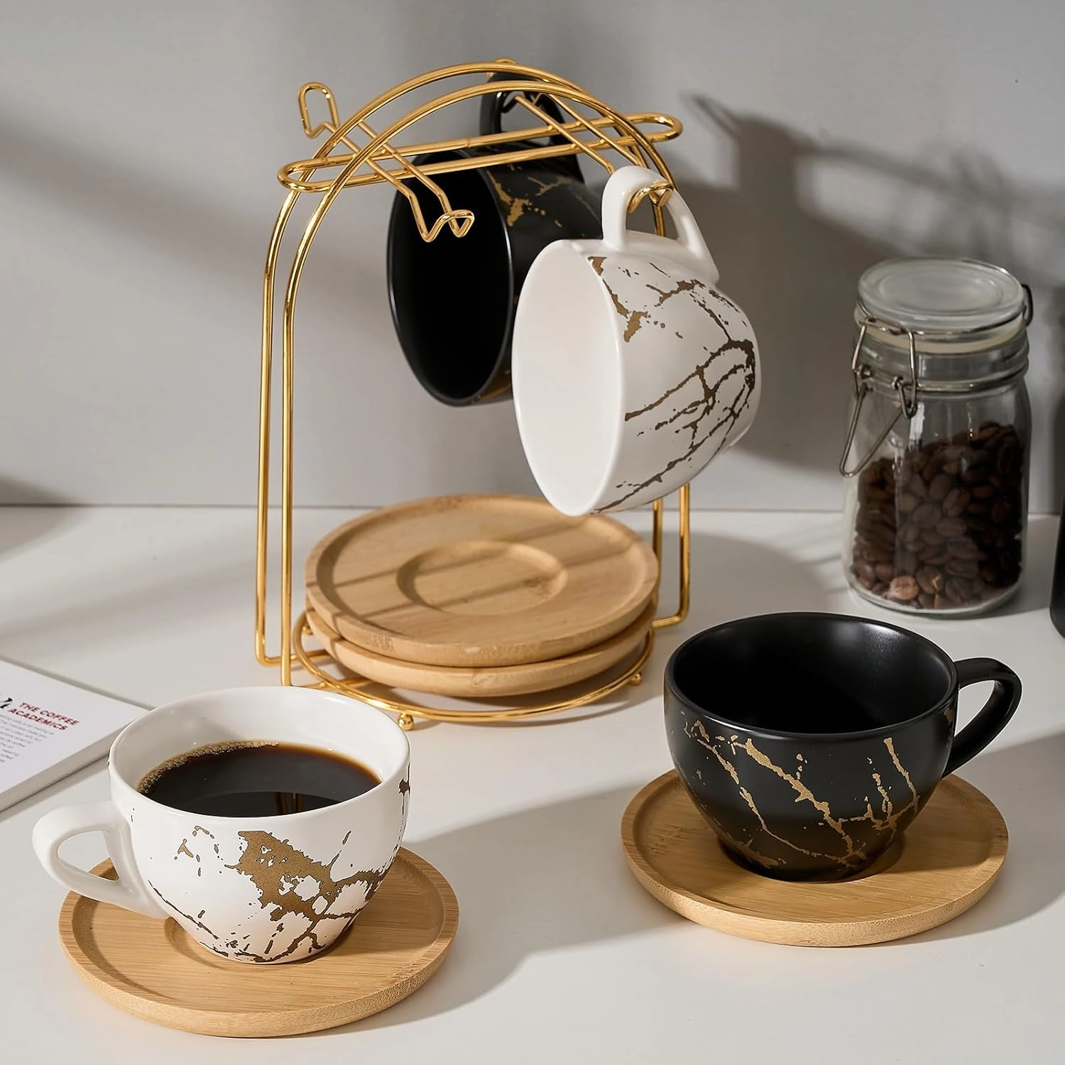 LUKA Ceramic Demitasse Espresso Cups Set with Saucers and Metal Stand, 8 oz Porcelain Stackable Cappuccino Cups Teacup For Tea, Espresso, Latte, Coffee, Cafe Mocha, Set of 4, White & Black