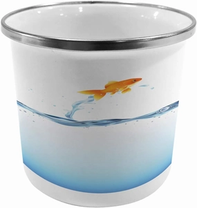 Lunarable Aquarium Metal Camping Cup, Little Goldfish Leaping Out of Water Bravery Challenge Freedom Theme, Stainless Steel Mug for Indoor and Outdoor Activities, Blue Pale Blue Orange
