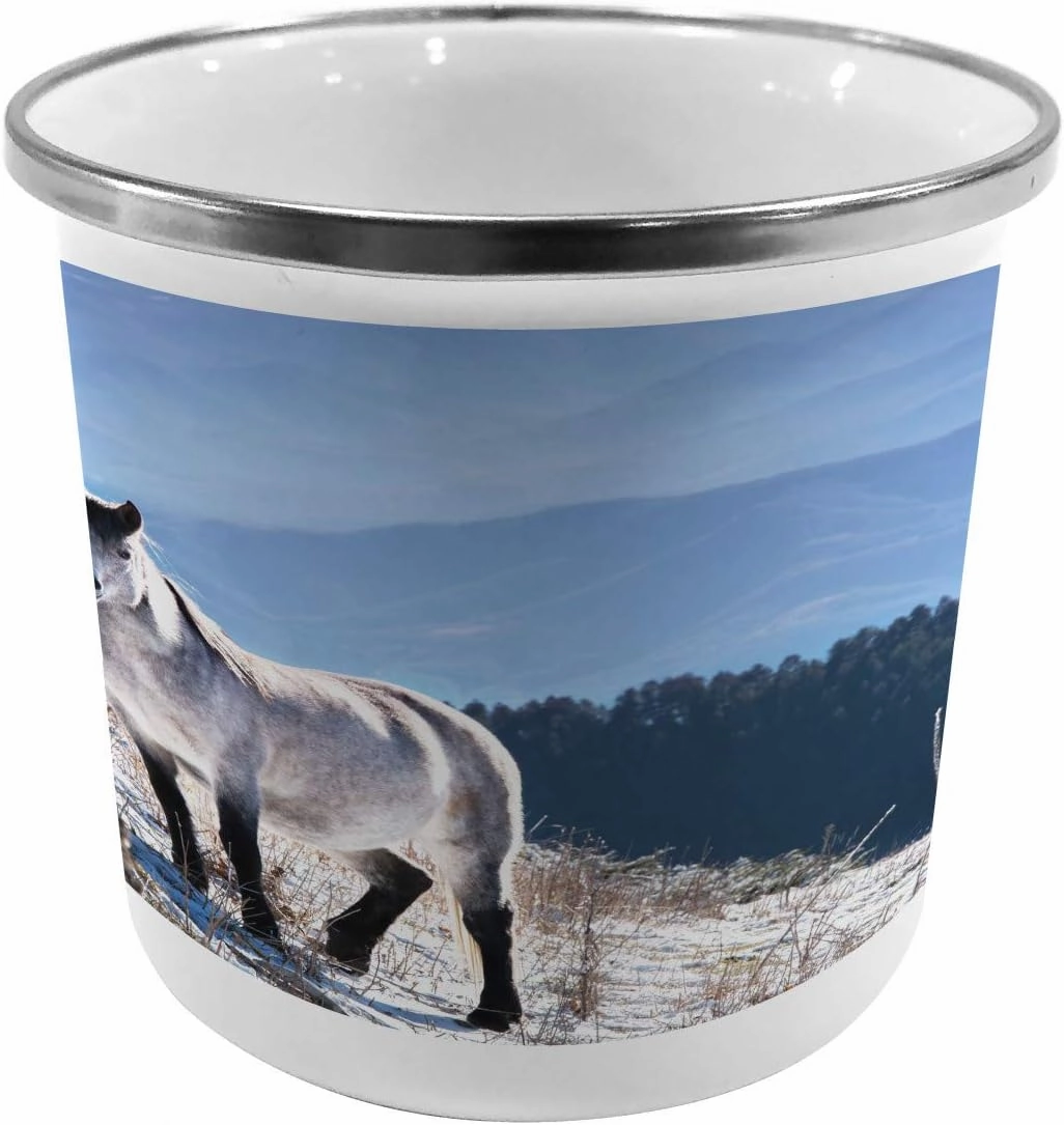 Lunarable Horses Metal Camping Cup, Horse on Snowy Mountains Noble Body Wild Animals in Wilderness of Human Nature, Stainless Steel Mug for Indoor and Outdoor Activities, White Green Blue