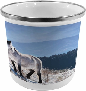 Lunarable Horses Metal Camping Cup, Horse on Snowy Mountains Noble Body Wild Animals in Wilderness of Human Nature, Stainless Steel Mug for Indoor and Outdoor Activities, White Green Blue