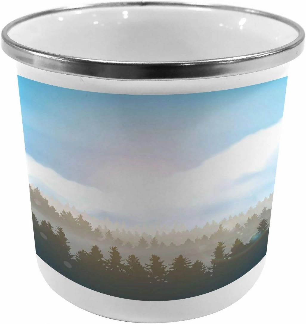 Lunarable Nature Metal Camping Cup, Mountain Range with Pine Tree Forest Wilderness Alps Illustration, Stainless Steel Mug for Indoor and Outdoor Activities, Dimgrey Pale Blue