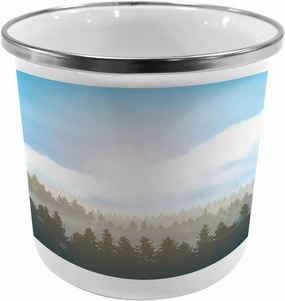 Lunarable Nature Metal Camping Cup, Mountain Range with Pine Tree Forest Wilderness Alps Illustration, Stainless Steel Mug for Indoor and Outdoor Activities, Dimgrey Pale Blue