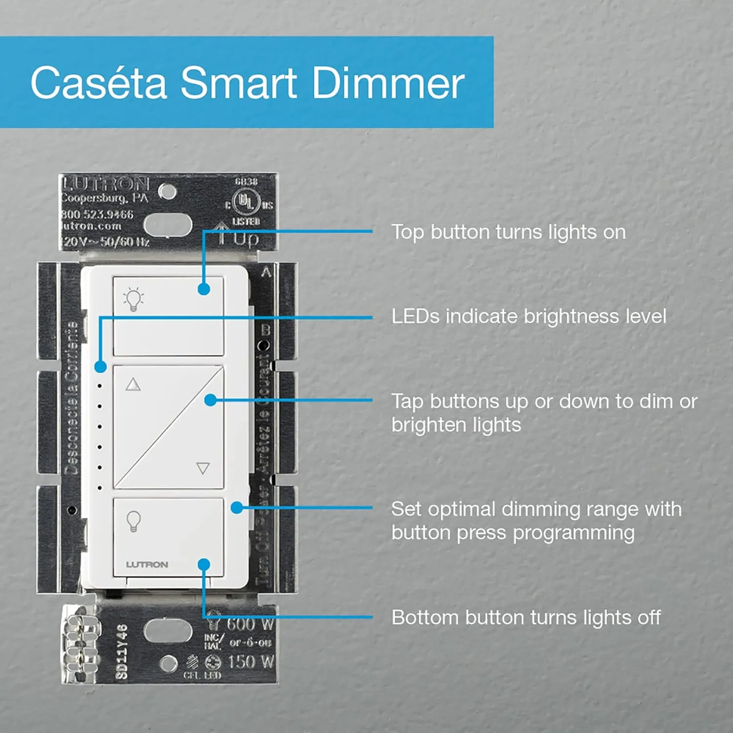 Lutron Caseta Smart Lighting Dimmer Switch for Wall and Ceiling Lights with Pico | PD-6WCL-WH | White