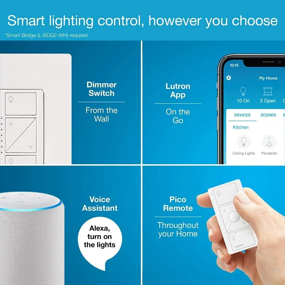 Lutron Caseta Smart Lighting Dimmer Switch for Wall and Ceiling Lights with Pico | PD-6WCL-WH | White