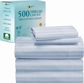 Luxury Split King Sheets Set For Adjustable Bed, 100% Cotton 500 Thread Count Sateen, Snug Fit, Set With Twin-XL Fitted Sheets, Hotel Quality Damask Stripe Bedsheets (Split King, Stripe - Sky Blue)