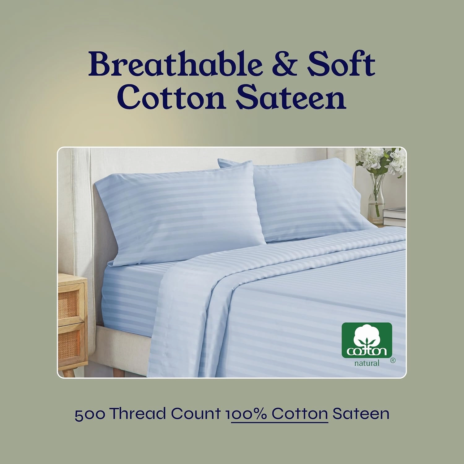 Luxury Split King Sheets Set For Adjustable Bed, 100% Cotton 500 Thread Count Sateen, Snug Fit, Set With Twin-XL Fitted Sheets, Hotel Quality Damask Stripe Bedsheets (Split King, Stripe - Sky Blue)