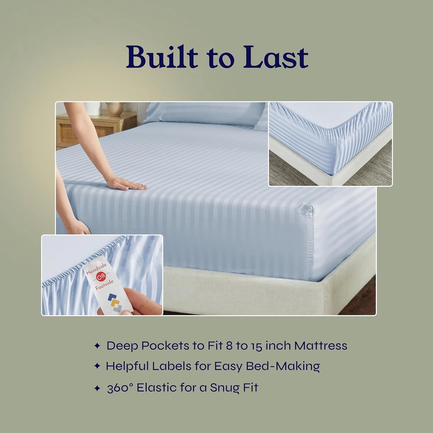 Luxury Split King Sheets Set For Adjustable Bed, 100% Cotton 500 Thread Count Sateen, Snug Fit, Set With Twin-XL Fitted Sheets, Hotel Quality Damask Stripe Bedsheets (Split King, Stripe - Sky Blue)