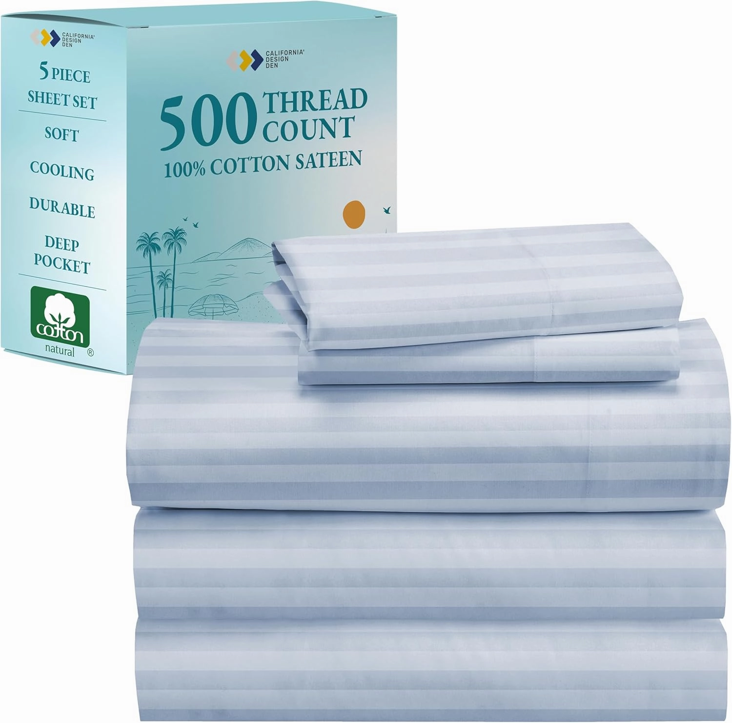 Luxury Split King Sheets Set For Adjustable Bed, 100% Cotton 500 Thread Count Sateen, Snug Fit, Set With Twin-XL Fitted Sheets, Hotel Quality Damask Stripe Bedsheets (Split King, Stripe - Sky Blue)
