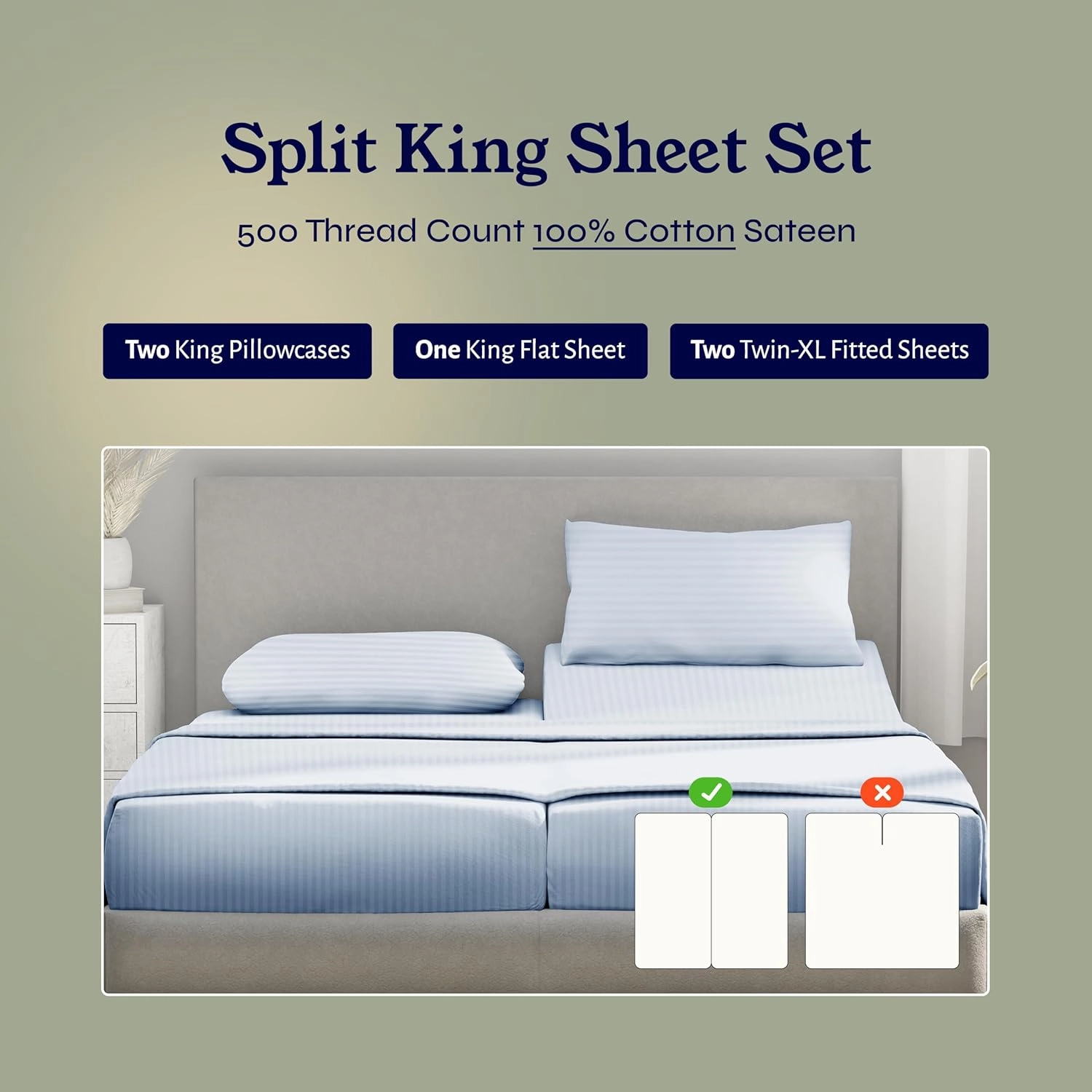 Luxury Split King Sheets Set For Adjustable Bed, 100% Cotton 500 Thread Count Sateen, Snug Fit, Set With Twin-XL Fitted Sheets, Hotel Quality Damask Stripe Bedsheets (Split King, Stripe - Sky Blue)