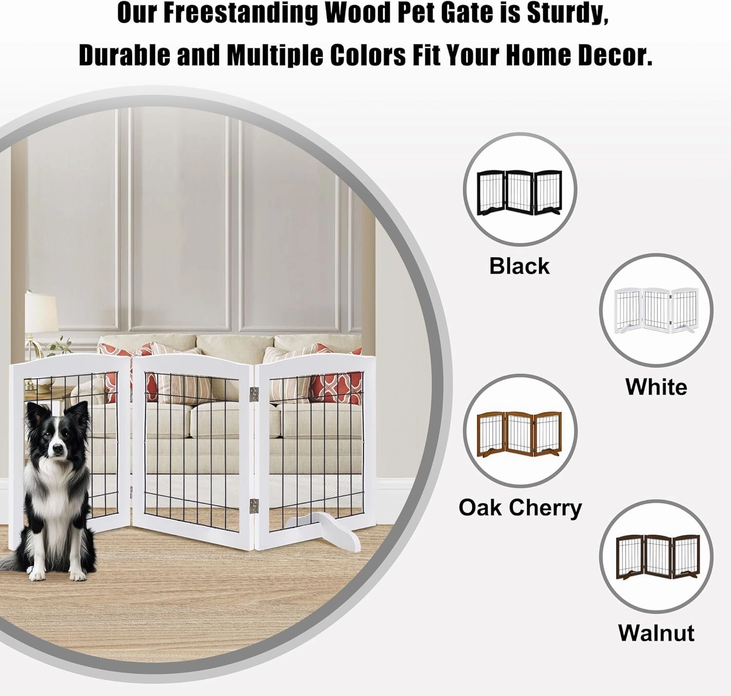 LZRS 3-Panel Freestanding Adjustable Wooden Dog Gate—30" Tall Foldable Pet Barrier with Support Feet, Chew-Resistant Solid Hardwood & Steel Wire Safety Fence for Doorways, Hallways, and Stairs, White