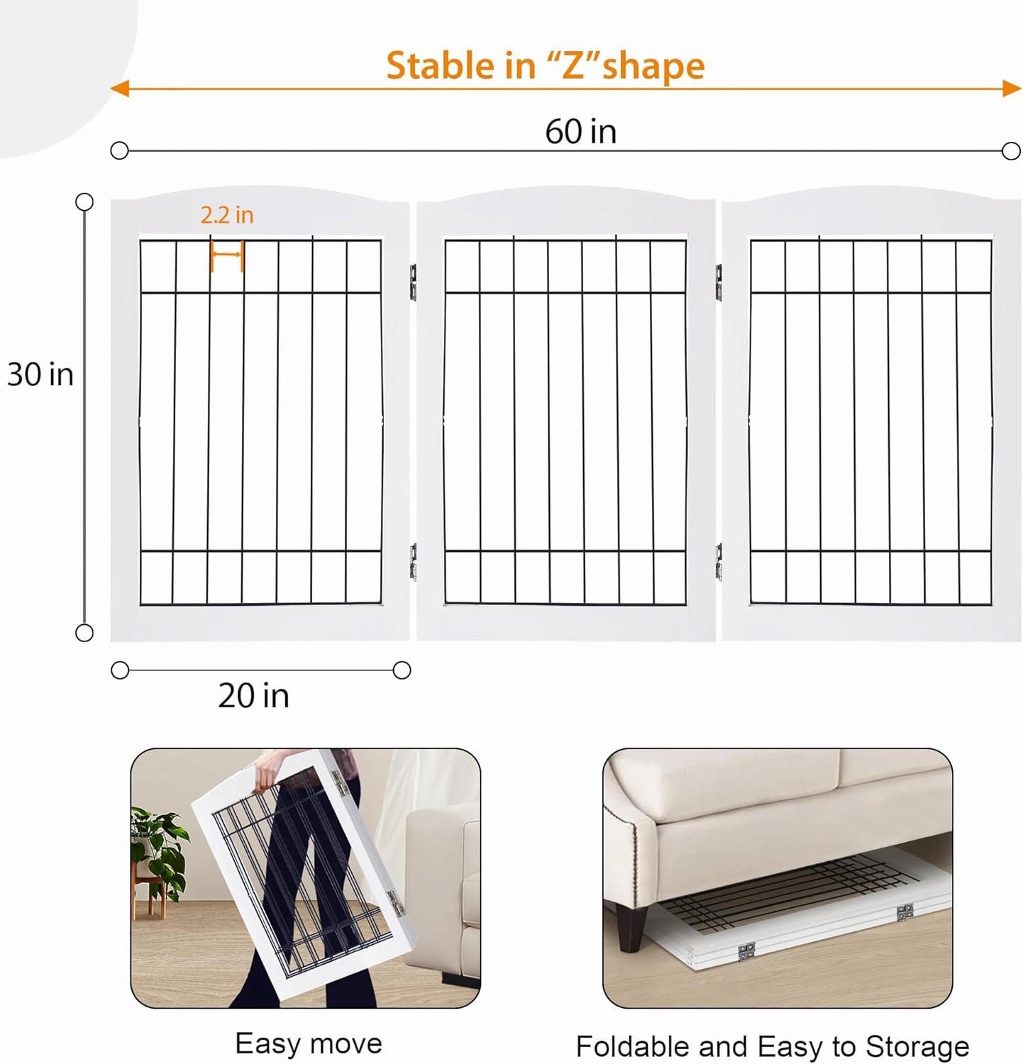 LZRS 3-Panel Freestanding Adjustable Wooden Dog Gate—30" Tall Foldable Pet Barrier with Support Feet, Chew-Resistant Solid Hardwood & Steel Wire Safety Fence for Doorways, Hallways, and Stairs, White