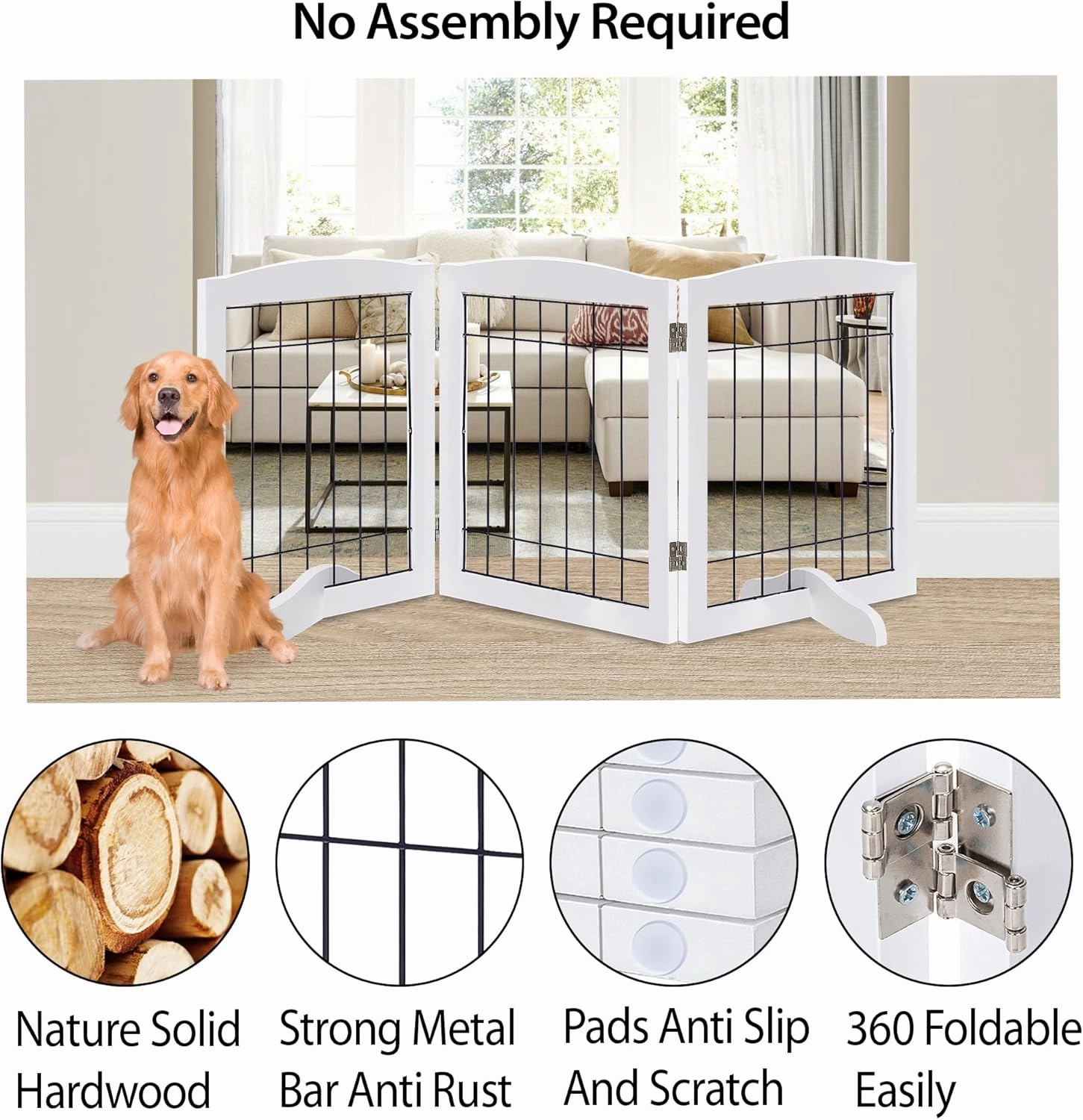 LZRS 3-Panel Freestanding Adjustable Wooden Dog Gate—30" Tall Foldable Pet Barrier with Support Feet, Chew-Resistant Solid Hardwood & Steel Wire Safety Fence for Doorways, Hallways, and Stairs, White