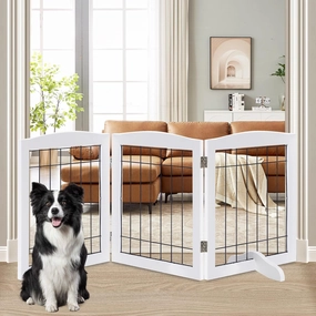 LZRS 3-Panel Freestanding Adjustable Wooden Dog Gate—30" Tall Foldable Pet Barrier with Support Feet, Chew-Resistant Solid Hardwood & Steel Wire Safety Fence for Doorways, Hallways, and Stairs, White