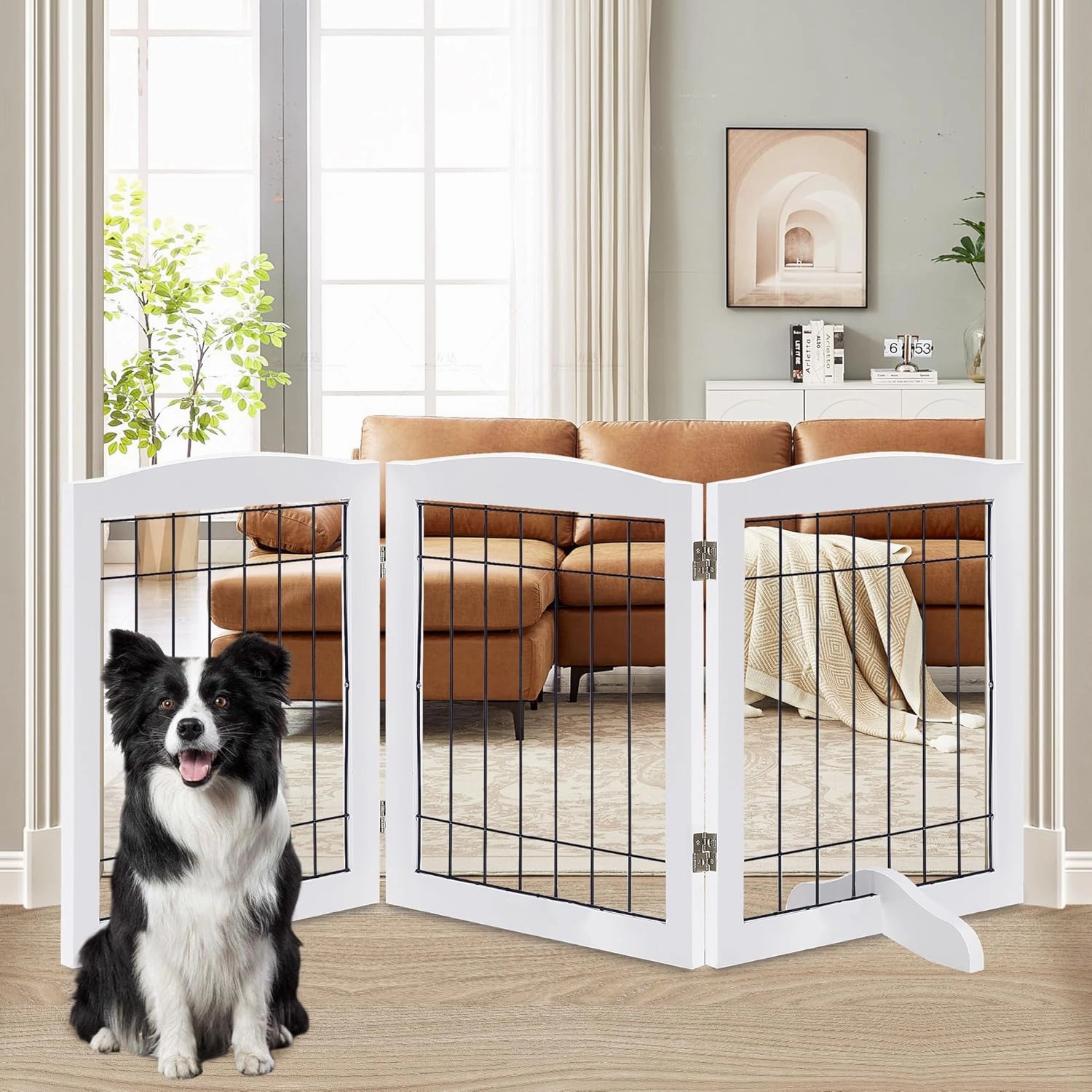 LZRS 3-Panel Freestanding Adjustable Wooden Dog Gate—30" Tall Foldable Pet Barrier with Support Feet, Chew-Resistant Solid Hardwood & Steel Wire Safety Fence for Doorways, Hallways, and Stairs, White