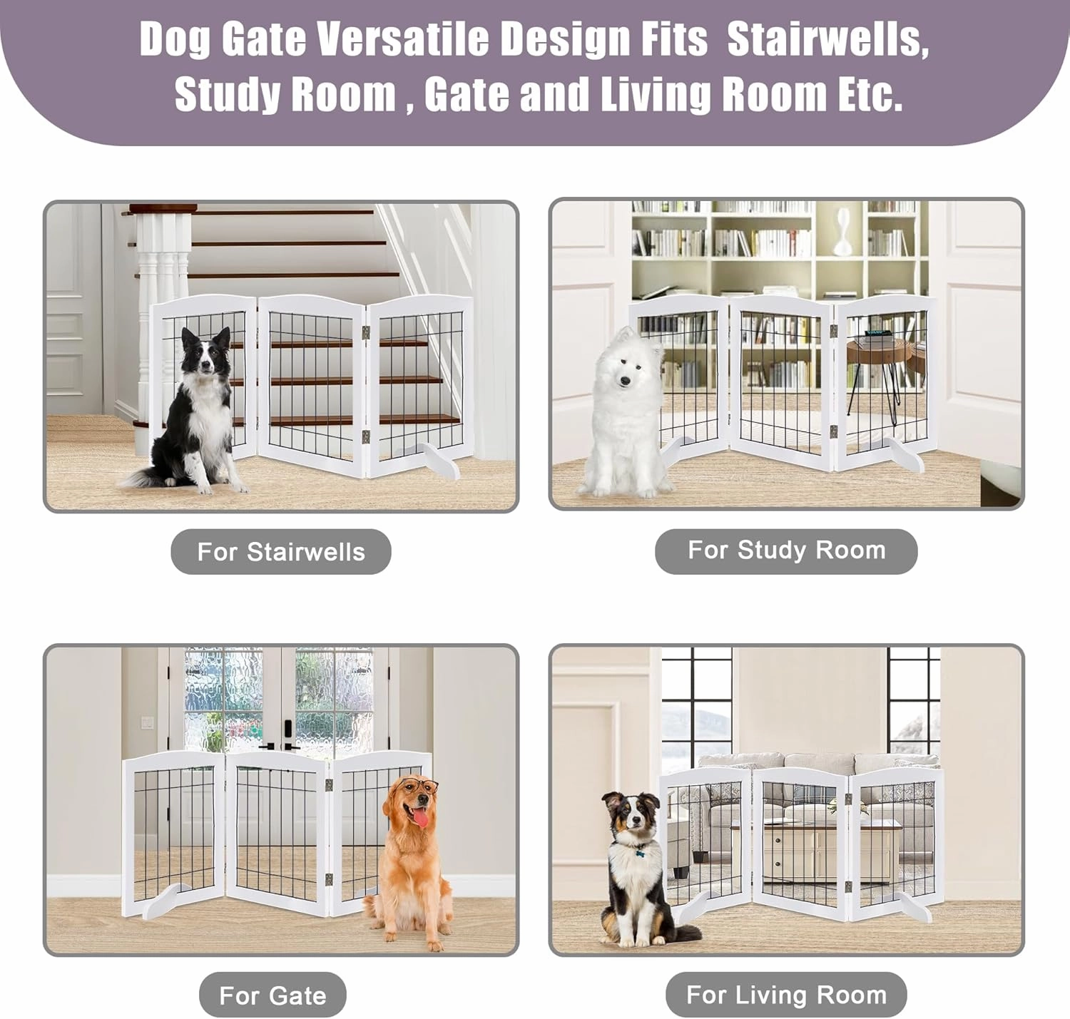 LZRS 3-Panel Freestanding Adjustable Wooden Dog Gate—30" Tall Foldable Pet Barrier with Support Feet, Chew-Resistant Solid Hardwood & Steel Wire Safety Fence for Doorways, Hallways, and Stairs, White