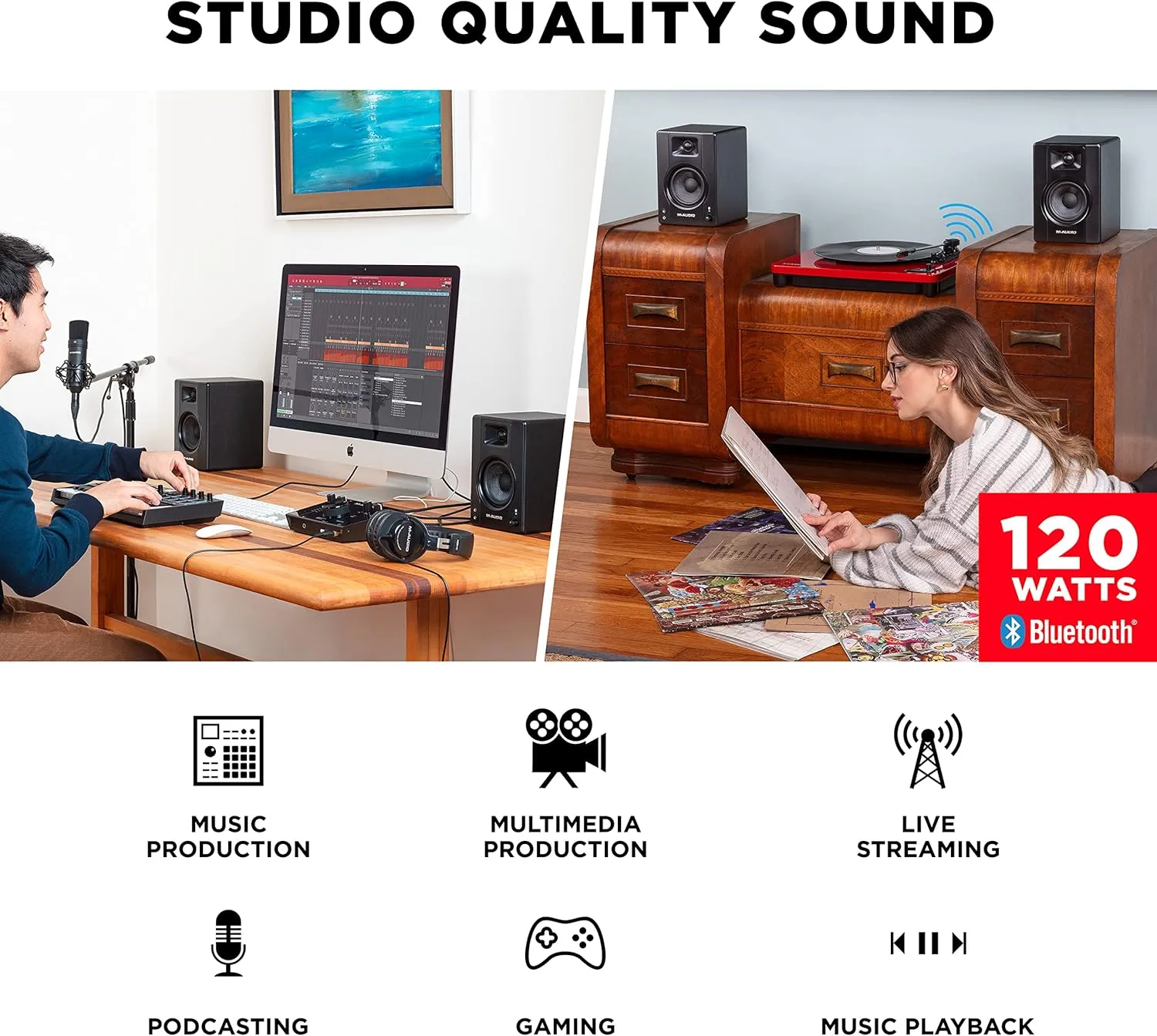 M-Audio BX4BT 4.5" Studio Monitors & PC Speakers with Bluetooth for Recording and Multimedia & HDH40 – Over Ear Studio Headphones with Closed Back Design