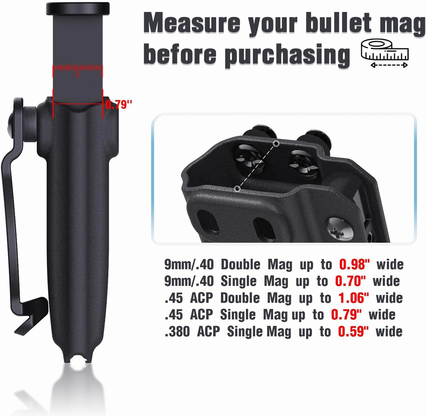Mag Carrier IWB/OWB Magazine Holster Kydex Mag Holster for 9mm/.40/.45ACP Double & Single Stack - Ambidextrous Concealed Carry Holster with Adjustable Retention