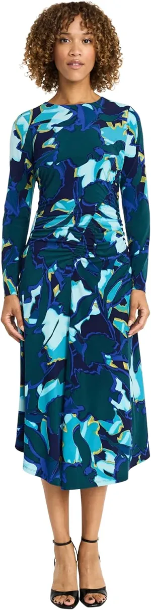 Maggy London Women's Ruched Waist Crew Neck Long Sleeve Asymmetrical Hem-Elegant Midi Length-Wedding Guest Dress