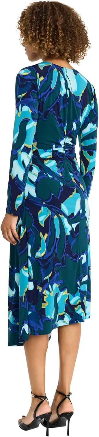 Maggy London Women's Ruched Waist Crew Neck Long Sleeve Asymmetrical Hem-Elegant Midi Length-Wedding Guest Dress