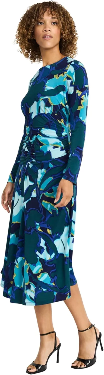 Maggy London Women's Ruched Waist Crew Neck Long Sleeve Asymmetrical Hem-Elegant Midi Length-Wedding Guest Dress