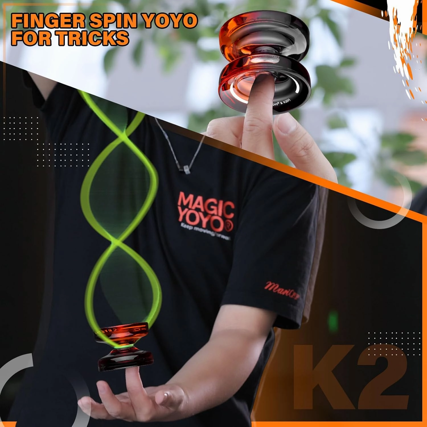 MAGICYOYO K2 Responsive Yoyo for Kids Beginners Yo-Yo with 2 Yo yo Gloves, 1 Blue Sack, 1 Red Sack, 12 Yo-yo Strings (Crystal Black Orange   Black Green)