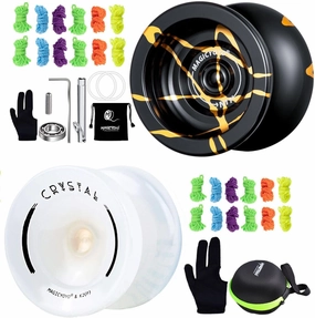 MAGICYOYO Pack of 2 Yoyos N11 Black with Golden Unresponsive Yoyo Alloy YoYo＋K2 Snow White Responsive Plastic Fingerspin Kids Beginner Yoyo with 2 Yoyo Storage Case  24 Yoyo Strings