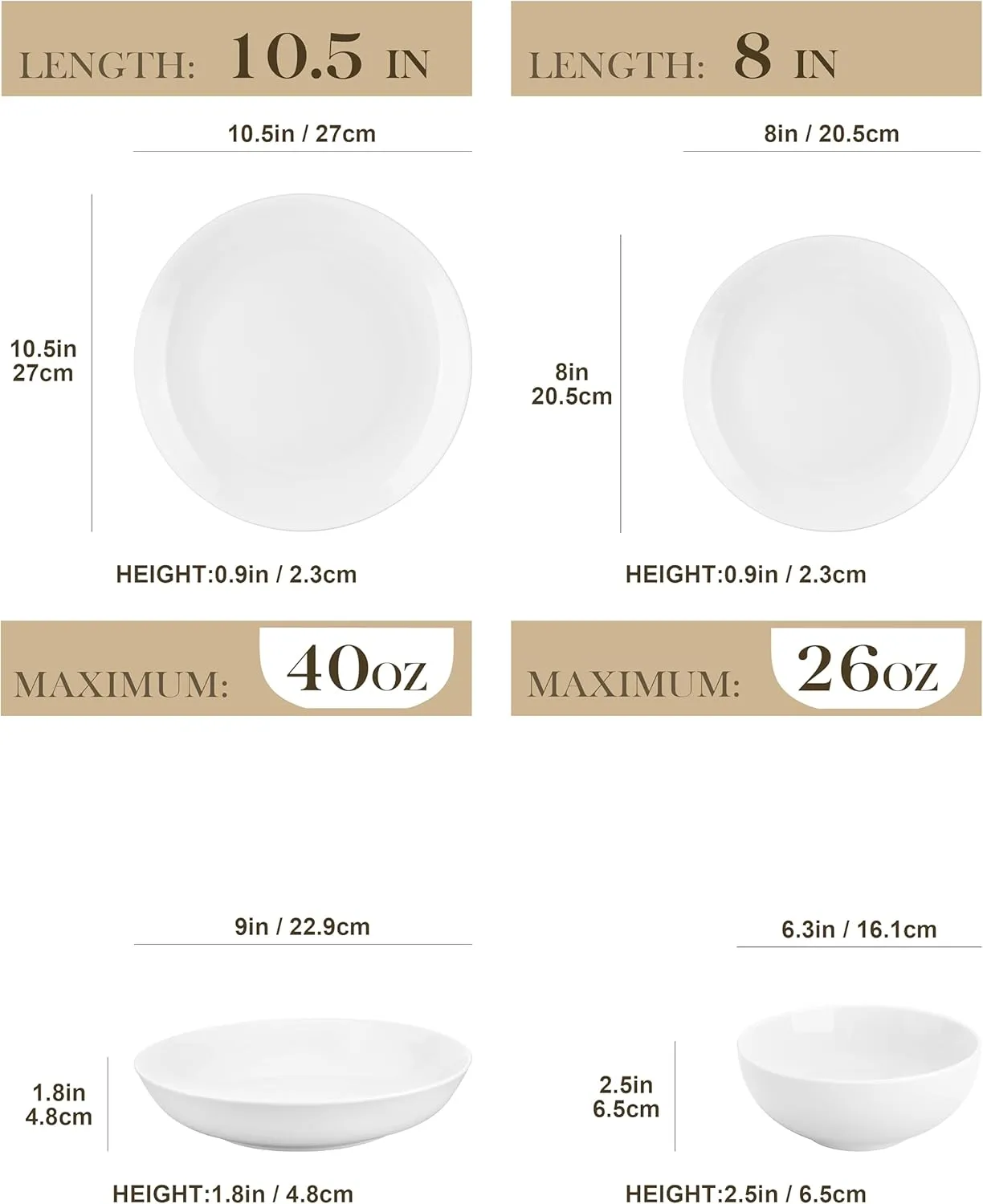MALACASA 24-Piece Gourmet Porcelain Dinnerware Sets, Modern White Round Dish Set for 6 - Premium Serving Plates and Bowls Sets for Dessert, Salad, Soup, Pasta - Series AMELIA