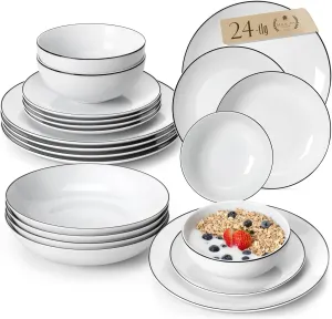 MALACASA 24-Piece Gourmet Porcelain Dinnerware Sets, Modern White with Black Rim Round Dish Set for 6 - Premium Serving Plates and Bowls Sets for Dessert, Salad, Soup, Pasta - Series AMELIA