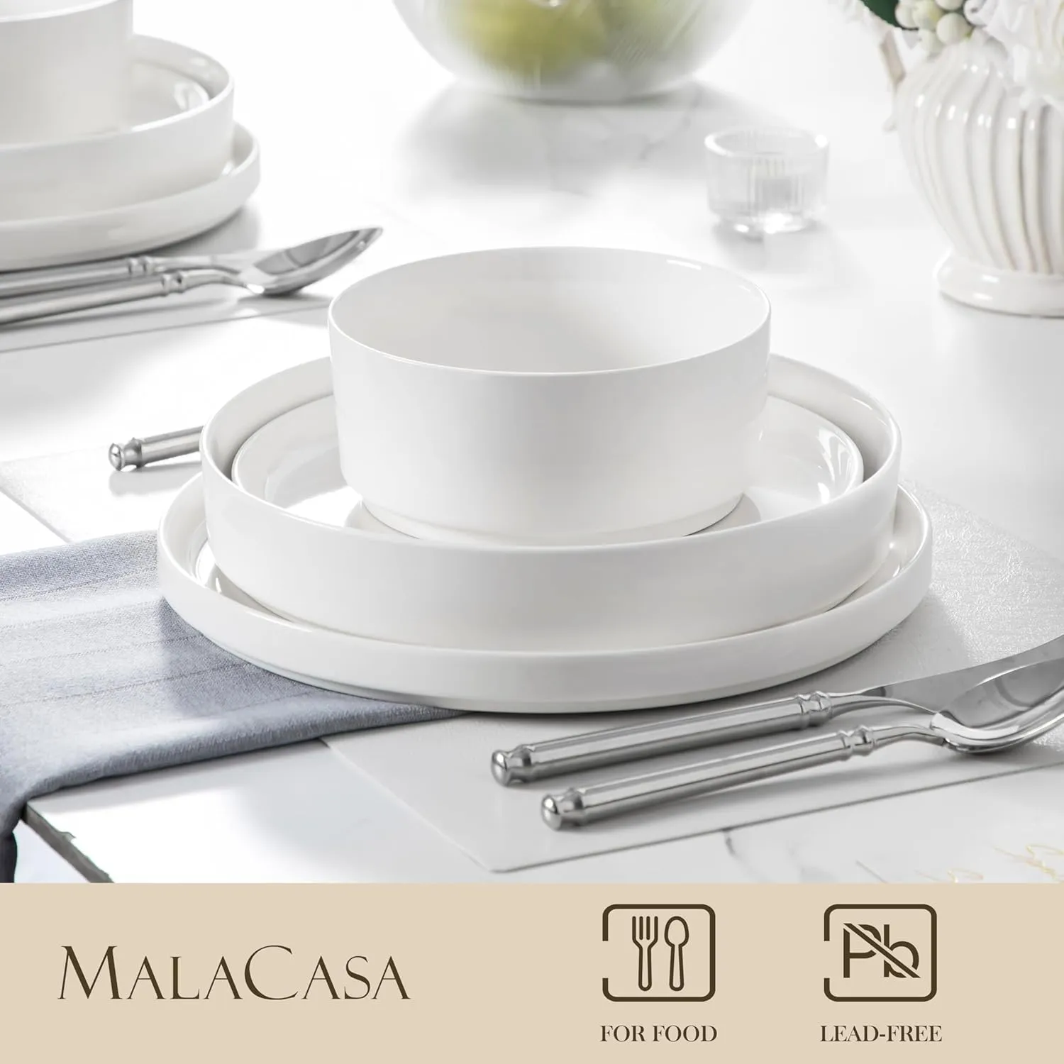 MALACASA 24 Pieces Porcelain Dinnerware Set, Modern White Dish Set for 6, Premium Serving Plates and Bowls Sets, Chip and Scratch Resistant Dishware Sets Kitchen Dishes Dining Ware Set, Series LEAH
