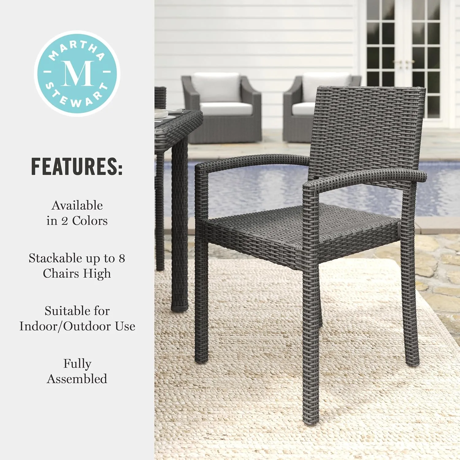 Martha Stewart Bedford Indoor-Outdoor Stackable Patio Armchairs with Rattan Wicker Finish in Gray, Set of 2