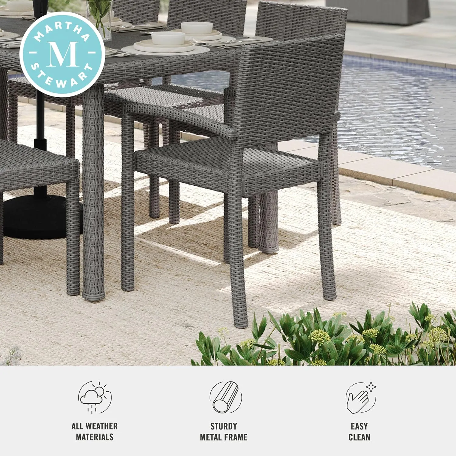 Martha Stewart Bedford Indoor-Outdoor Stackable Patio Armchairs with Rattan Wicker Finish in Gray, Set of 2
