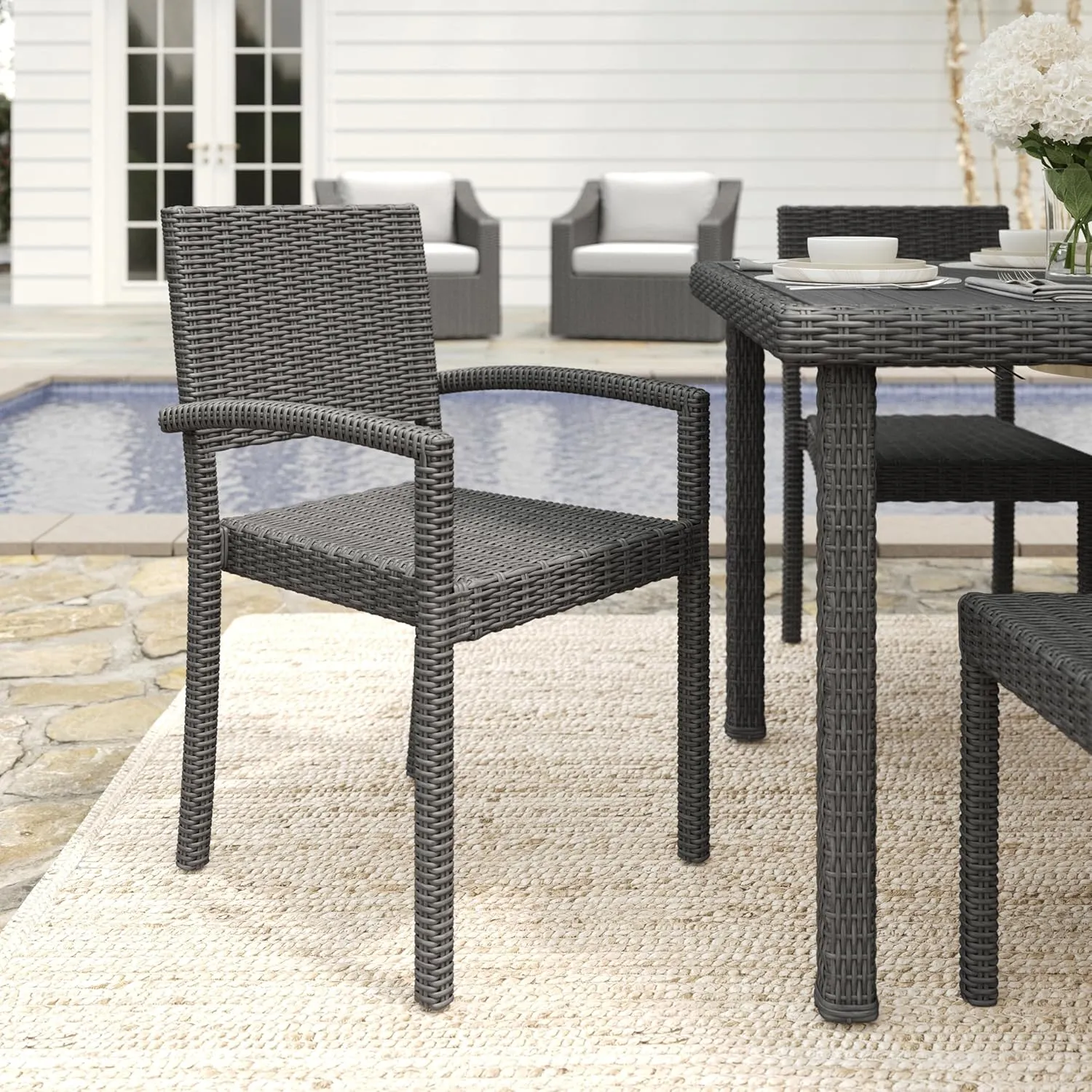 Martha Stewart Bedford Indoor-Outdoor Stackable Patio Armchairs with Rattan Wicker Finish in Gray, Set of 2