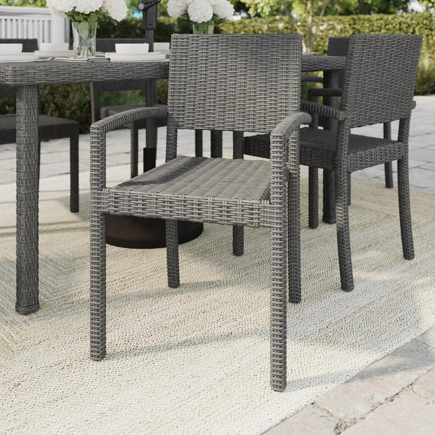 Martha Stewart Bedford Indoor-Outdoor Stackable Patio Armchairs with Rattan Wicker Finish in Gray, Set of 2