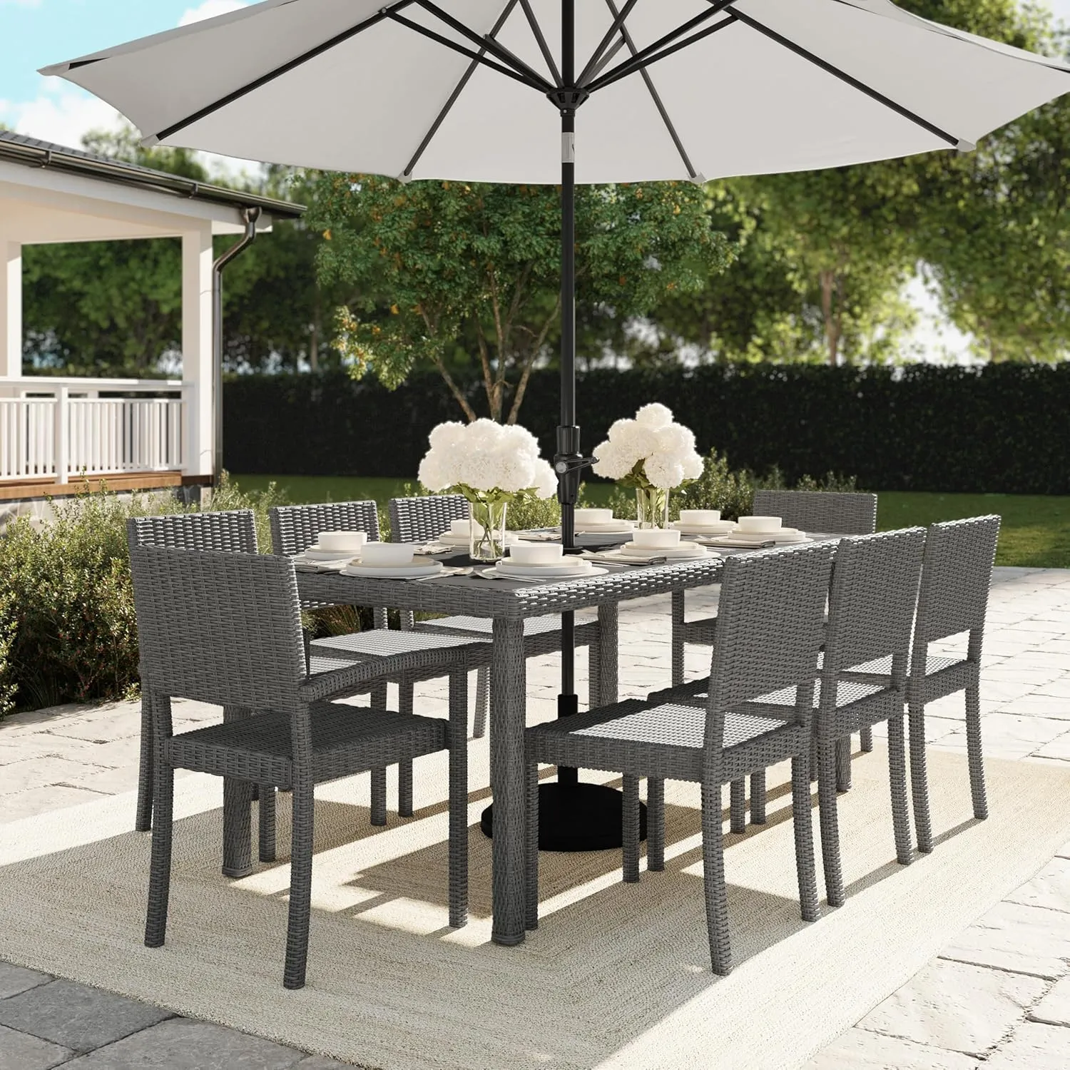 Martha Stewart Bedford Indoor-Outdoor Stackable Patio Armchairs with Rattan Wicker Finish in Gray, Set of 2