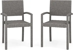 Martha Stewart Bedford Indoor-Outdoor Stackable Patio Armchairs with Rattan Wicker Finish in Gray, Set of 2