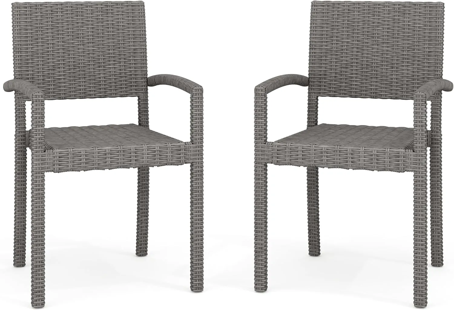Martha Stewart Bedford Indoor-Outdoor Stackable Patio Armchairs with Rattan Wicker Finish in Gray, Set of 2