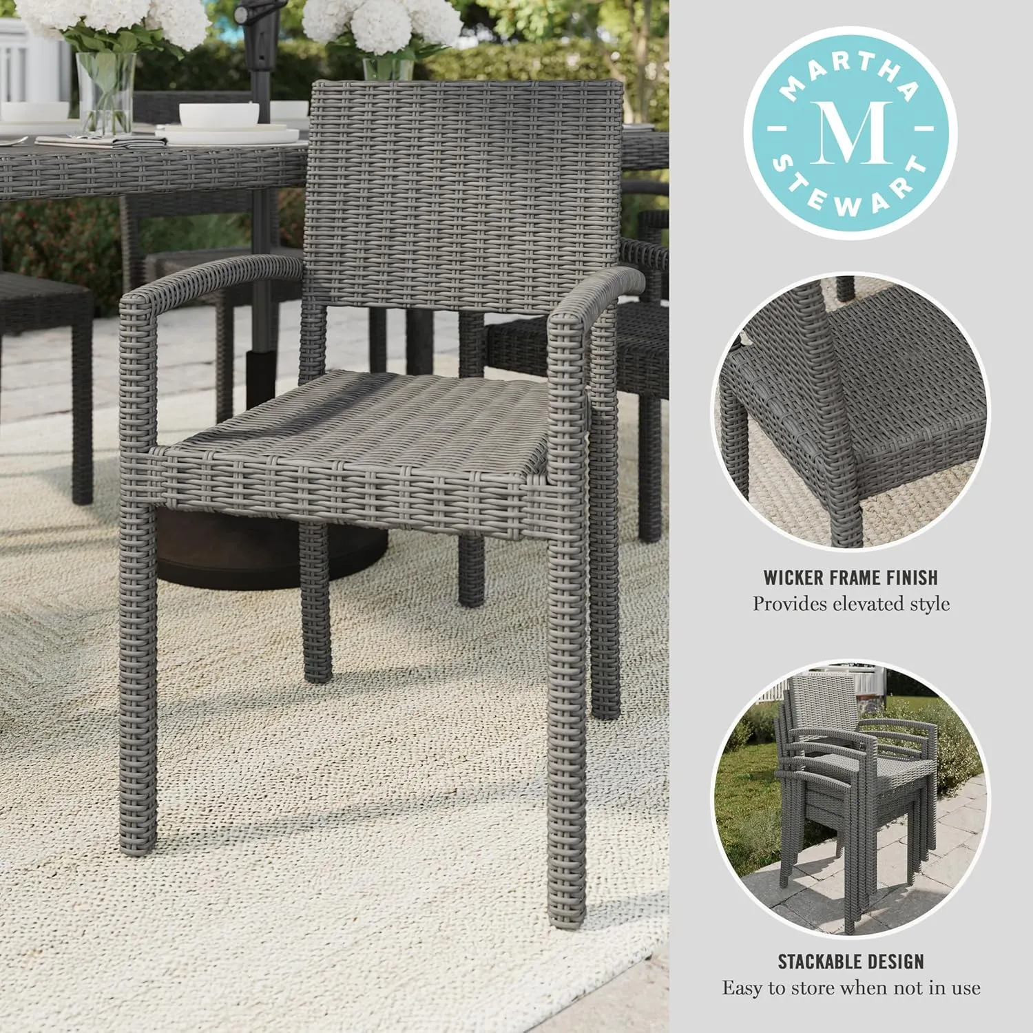 Martha Stewart Bedford Indoor-Outdoor Stackable Patio Armchairs with Rattan Wicker Finish in Gray, Set of 2