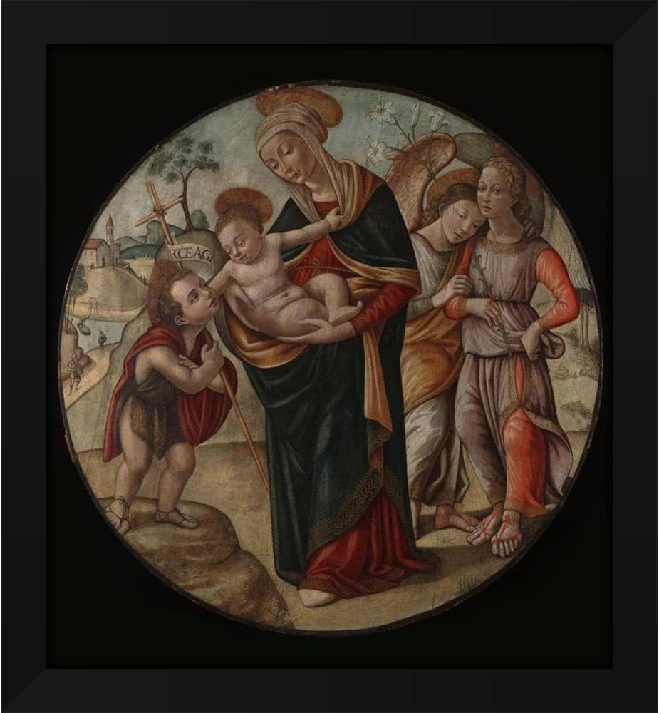 Master Of The Borghese Tondo 20x22 Black Modern Framed Art Print Titled: Virgin and Child with Saint John The Baptist (Ca. 1500)