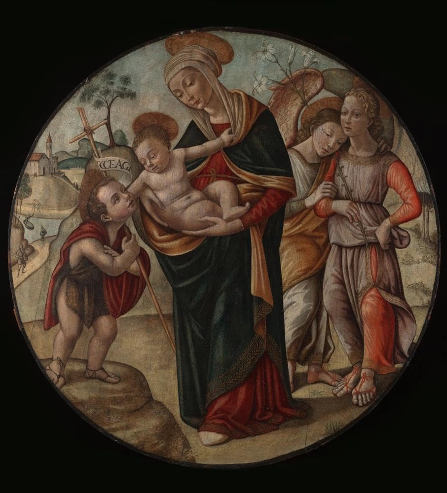 Master Of The Borghese Tondo 20x22 Black Modern Framed Art Print Titled: Virgin and Child with Saint John The Baptist (Ca. 1500)