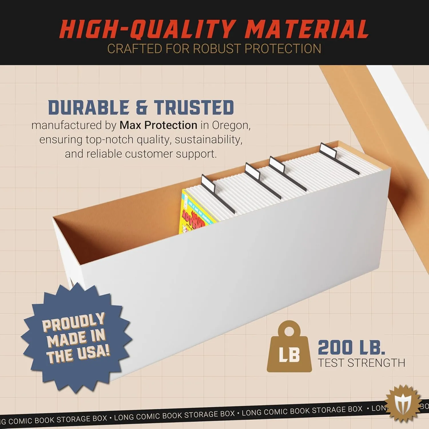 Max Protection Comic Book Storage Box - 6 Count Long ComicBook Boxes with White Corrugated Cardboard - Stackable Bin, Thick Case, Book Containers with Lid - Ideal for Comics, Magazines, Collectibles